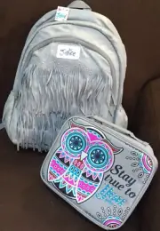 JUSTICE BACKPACK & LUNCHBOX SILVER SHIMMERING FRINGE/ “STAY TRUE TO YOU"