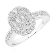 0.58CTW Real Diamond Emerald 14K Gold White Halo Bridal Engagement Ring