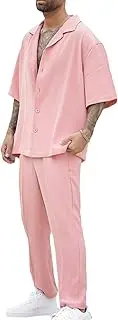 [HanzhuoLG] Men's Casual Two Piece Outfits Summer Solid Color Lapel Short Sleeve Shirt Pants 2 Pcs Set Small Pink