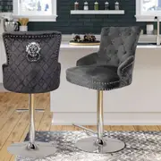 Fin Luxury Black Velvet Swivel Bar Stool With Lion Knocker & Cross Stitch High Back