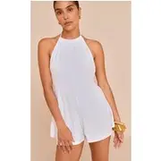 Petite White Linen Look Halterneck Floaty Playsuit, White