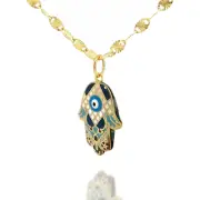 14k Solid Gold - Hamsa Hand Pendant Hand-Painted Necklace Chain, Hand of Miriam