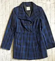 Old Navy Women's Blue Black Plaid Wool Blend Pea Coat Jacket Peacoat NWT Small S