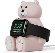 MOSHOU Cute Bear Charger Stand Compatible with Apple Watch Series Ultra 2/Ultra/9/8/7/6/SE/5/4/3/2/1 (45mm, 44mm, 42mm, 41mm, 40mm, 38mm), Soft Silicone, Nightstand Mode, for Home, Office(Pink)