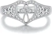 [HongZhuan Jewelry] 925 Sterling Silver Heart Cross Ring Christian Faith Religious Jewelry Gifts for Women Girls