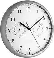 TFA Dostmann Analogue Wall Clock with Thermometer and Hygrometer, 98.1072, Large dials and Second Hand, Healthy Indoor Climate, Silver, (L) 265 x (B) 45 x (H) 265 mm