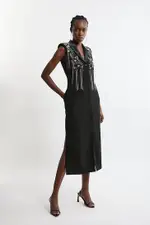 Tall Embellished Detail Plunge Collared Woven Maxi Dress