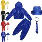 Kids Girls Boys Sequins Hooded Top with Pants Hat Set Sparkly Hip Hop Jazz Dance