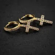 Mens Iced Gold Plated Cross Sterling Silver Dangle Cross Hip Hop Hoop Earrings
