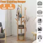 3 Layer 9 Hooks Clothes Coat Hat Rack Tree Stand Shelf Wooden Hanger Organizer