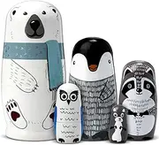 Gejoy Christmas Nesting Dolls Russian Matryoshka Dolls Wooden Handmade Nutcracker Nesting Dolls Wooden Collectible Dolls Gifts Toy Set for Adults Kids Home Decor (Rustic Color,White Cartoon Animal)
