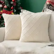 Velvet Throw Pillow Square Soft Couch Pillows Set of 2 (Inserts + Pillow Covers,Cream White)