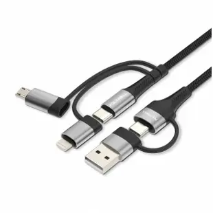 【POLYWELL】1M USB-C to Lightning to USB-A to Micro-B 五合一PD編織快充線(送 T型魔鬼氈理線束帶2入)