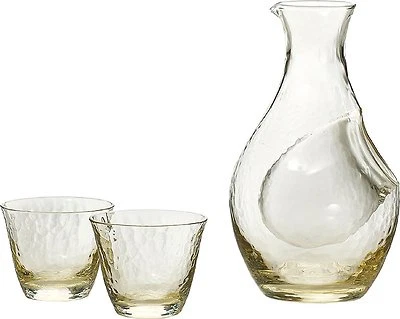 JAPANESE COLD SAKE SET AMBER COLOUR - 1 SAKE BOTTLE and 2 CUPS HANDMADE IN JAPAN