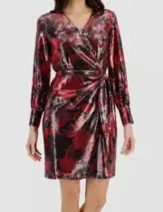 Anne Klein Women's Red Sequined Faux-Wrap Dress Size 8