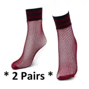 NEW 2 Pairs Free People Riot Sport Fishnet Ankle Socks Anklet Wine Red One Size