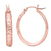 14K Rose Gold Hammered Polished Oval Hoop Earrings