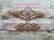 Non-Slip Wedding Garter Set w/Rose Gold Accents & clear Stones- BLUSH Lace