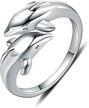 [Kokoma] Double Dolphins Ring 925 Sterling Silver Adjustable Open Wrap Thumb Finger Band Promise Rings for Women Teen Girls
