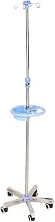 Portable IV Pole w/5 Wheels & Tray Stainless Steel IV Bag Stand Height Adjustable 4 Hooks Intravenous Pole for Hospital Clinic Home