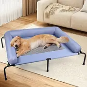 Large Elevated Dog Bed with Pillows, Outdoor Cooling Raised Pet Bed with Bolster, Indestructible Chew Proof Dog Cot with Breathable Teslin Mesh, Washable Durable Dogs Hammock for Large Indoor(L)