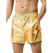 Men Glossy Surface Shorts Elastic Waist Drawstring Wide Beach Leg Shorts Adjustable Casual Short Pants Streetwear golden M