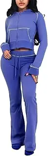 [Molilove] Women's Two Piece Waffle Tracksuit Set Long Sleeve Zipper Hoodie Jacket Sweatpants Set Sweatsuit Jogger Workout Set
