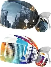 [YTYVAGT] 2-Pc,Nurse Scrub Caps,Scrub Hats with Buttons and Cotton Sweatband,Architecture City Fall Moon