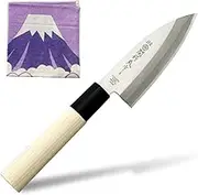 KAKUSEE Seki Tsubazo Small Deba Knife 3.9-inch Blade and Japanese Painting Cloth Set, Japanese Chef Knife for Fish and Meat, Stainless Steel Blade & Genuine Wooden Handle