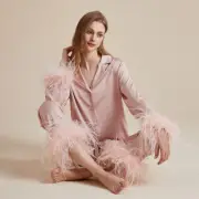 Women Ice Silk French High-end Cuffs Removable Feather Long-sleeved Trouser Suit