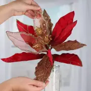 Red and Gold Velvet and Mesh Artificial 16" Magnolia Leaf Stem