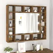 Mirror Cabinet with LED Lights, Smoked Oak Finish, 91x15x76.5 cm, Wall-Mounted Bathroom Organizer with 16 Compartments, Engineered Wood & Glass, Vanity Cabinet
