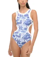 Staud Dolce One Piece Swimsuit in Blue Toile