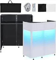 Kokorona Portable DJ Booth 20"x42.5"x45.3" with Dual Top Corners, DJ Facade Booth with Cable Hole, DJ Table Stand with Light Strip and Remote Control, Metal Frame + Black & White Scrims + Carry Bag
