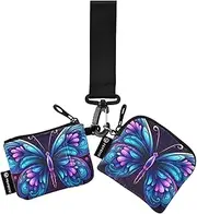 [XYMZR] Mini Zip Around Wristlet keychain Wallet Butterfly Blue Black for Women Personalized Pattern Detachable Dual Pouch Wristlet Portable Wallet Phone Coin Purse, Multi-colored, One Size