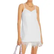 Aqua L94215 Womens Off White Feather Trim Vegan Leather Slip Dress Size M
