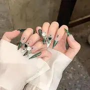 10Pcs Handmade Press on Nails, Stiletto False Nails, Emerald Sparkling False Nails, Dark green French Tips with Marble Print, Stiletto False Nails with Green diamonds and white flowers, False Nails use Jelly Glue (Green, M)