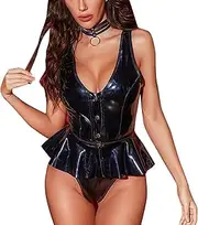 [Generic] I Love Daddy Lingerie Women's PU Leather Lace Up Backless Halter Teddy Lingerie Bodysuit(1PC Underwear+1PC Apron) Lively Strapless Bra No Wire