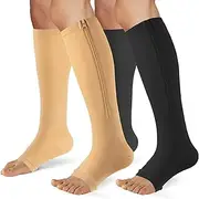 FOFLORA Zipper Compression Socks for Women & Men 2 Pairs，15-20mmhg Open Toe Compression Stockings for Nurse and Long Standing Crowd