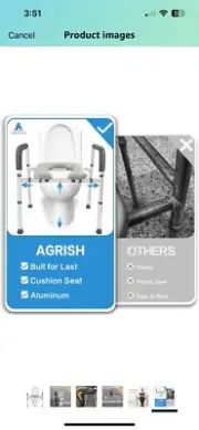 AGRISH Raised Toilet Seat with Handles Padded Elevated Medical Commode 350lb New