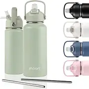 [moon bottles] Insulated Water Bottle with Straw - Stainless Steel Sports Drink Bottle, Thermal Flask, 24hr Cold, 12hr Hot, Double Walled, Metal Straw, Silicon Spout, Australian Company (1L, Green)