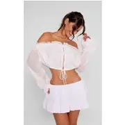 White Tie Front Long Sleeve Chiffon Ruffle Top, White