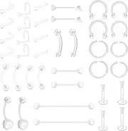 [FECTAS] 20-38PCS Clear Piercing Jewelry Bioflex Plastic Earrings Nose Rings Studs Septum Belly Cartilage Helix Industrial Nipple Tongue Lip Labret Eyebrow Piercing Retainers for Surgery Work Sports