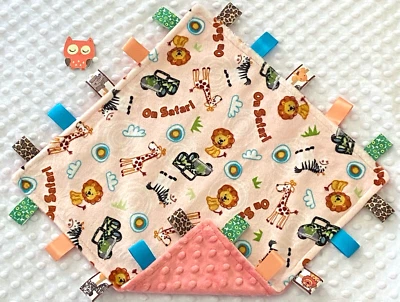 Double Minky! Jungle Safari Minky & Peach Minky Tag Taggie Security Blanket