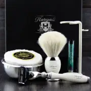 Men Shaving Set With White Badger Hair Brush, 3 Edge Razor, Stand, & Soap Bowl