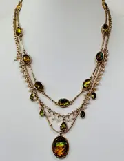 Vintage New Gold Tone 3 Row Faux Pearl Lucite Abalone Necklace 16”+2”Ext