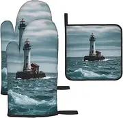 3 pcs Oven Mitts and Pot Holders Set 500°F Heat Resistant Oven Gloves and Hot Pads Kitchen Mittens Lighthouse Ocean Cooking Gloves Potholders for Baking Grilling
