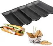 Silicone Baguette Pan - Non-Stick Perforated Fench Bread Pan Forms, Hot Dog Molds, Baking Liners Mat Bread Mould (5 Loaf, Black)