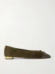 [Aquazzura] Aquazzura - Gioia Bow-detailed Leather-trimmed Suede Ballet Flats - Army green - IT37 IT 37 Green