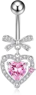 [Niaspi] 14G 316L Surgical Steel Dangle Belly Button Rings for Women Sparkling Pink Cubic Zirconia Heart Dangling Belly Navel Rings Dainty Navel Barbell Belly Piercing Jewelry 3/8"